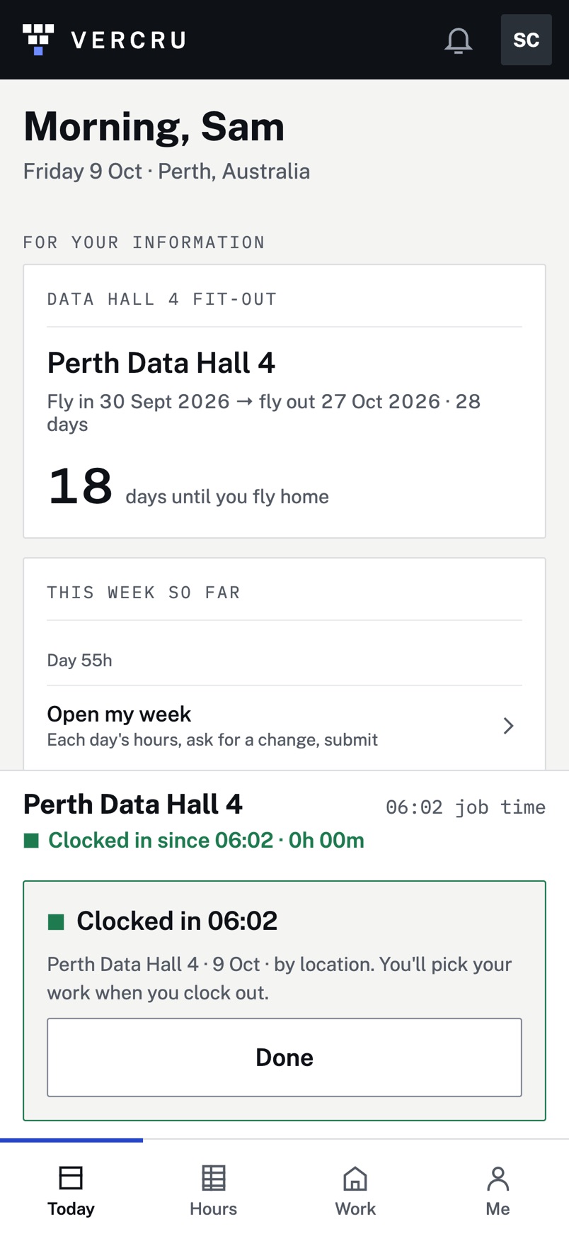 The app straight after Clock in: clocked in at the demo job, by location.