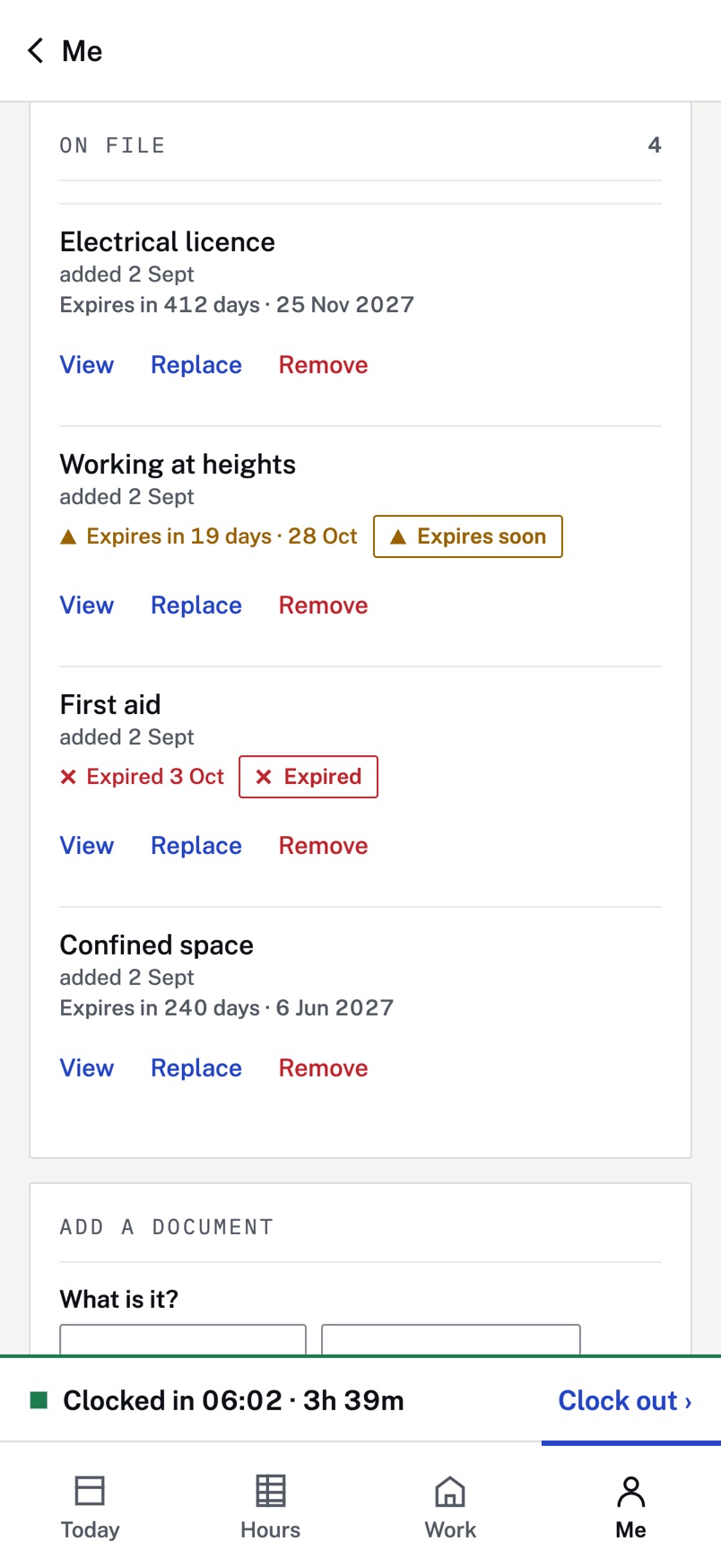 The worker’s licences and tickets in the app: in date, expiring soon and expired.