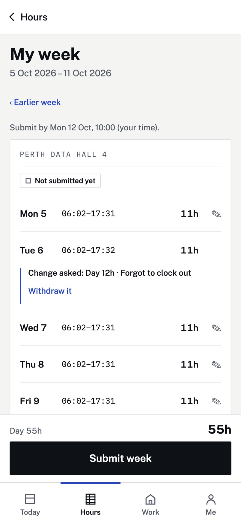 The worker’s week in the app, with a change request shown against the clock and Submit week.